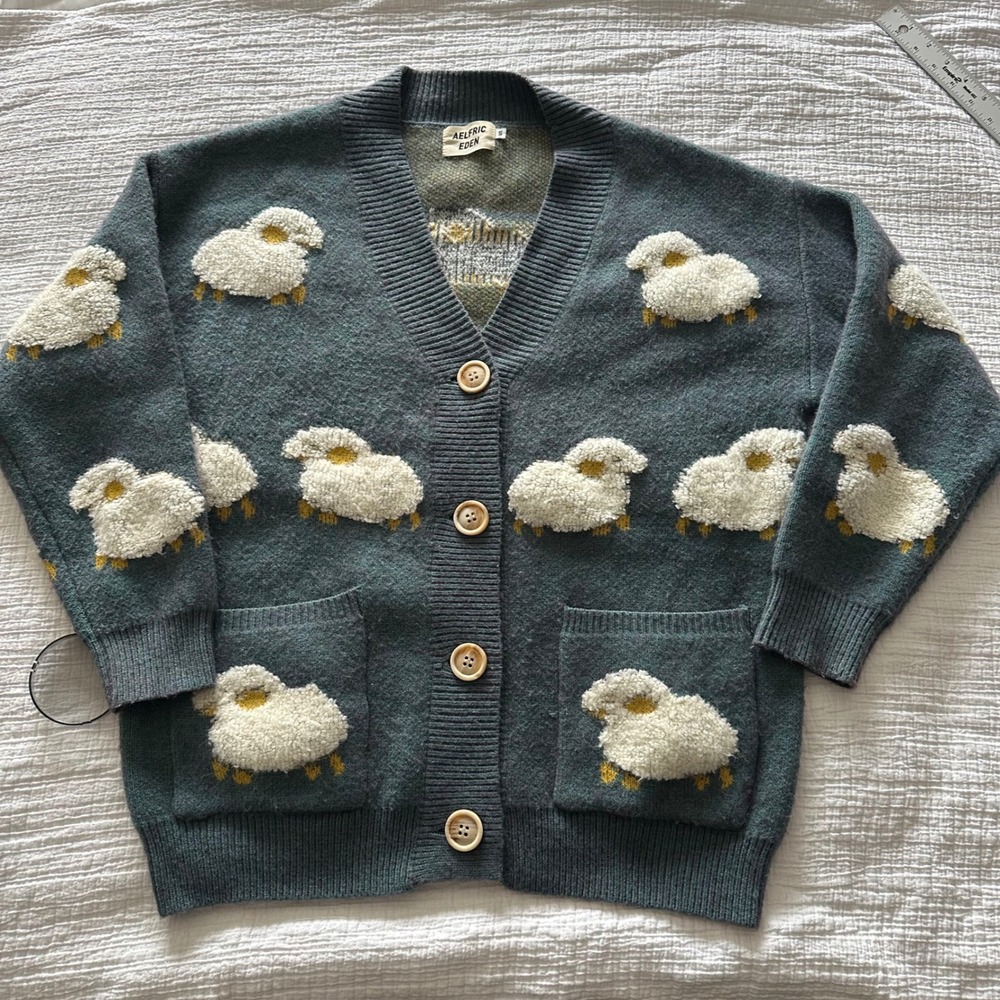 Aelfric Eden Blue Sheep Fluffy Pattern Knit Cardigan - Small - Picture 2 of 6